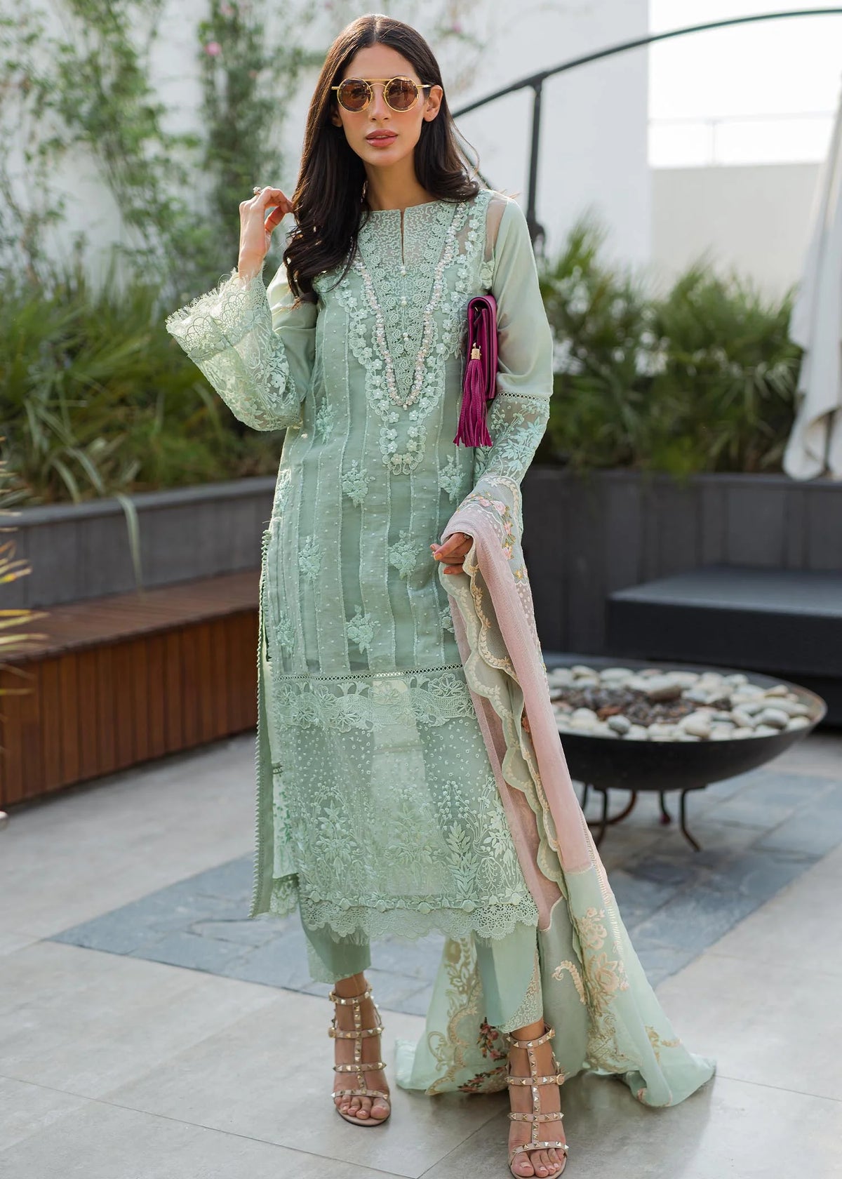 Saira Shakira Mint Green Organza Luxury Lawn Collection Replica