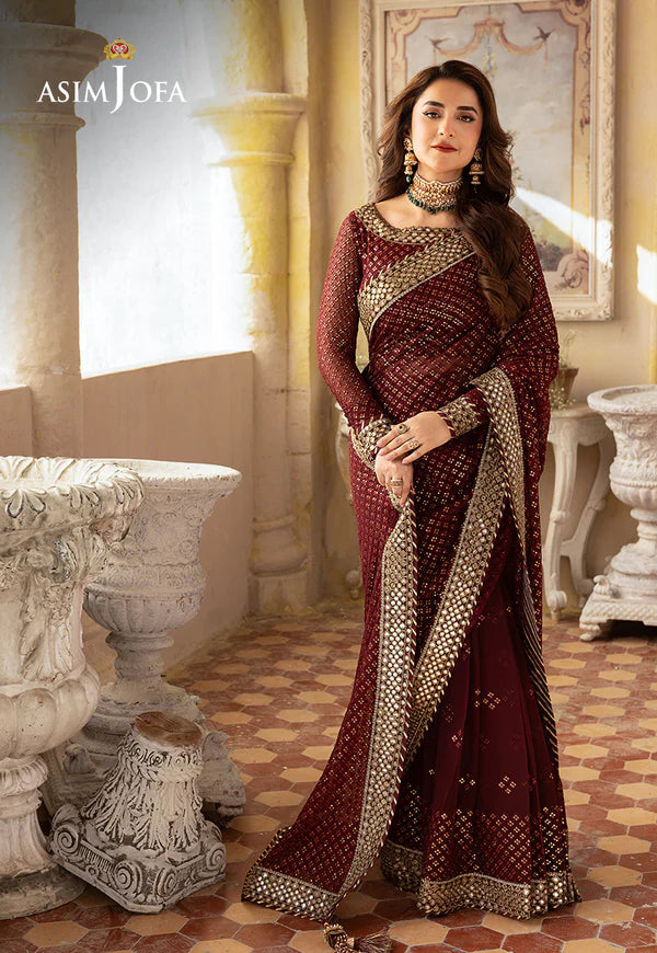 Asim Jofa Maroon Saree Collection Chiffon Replica