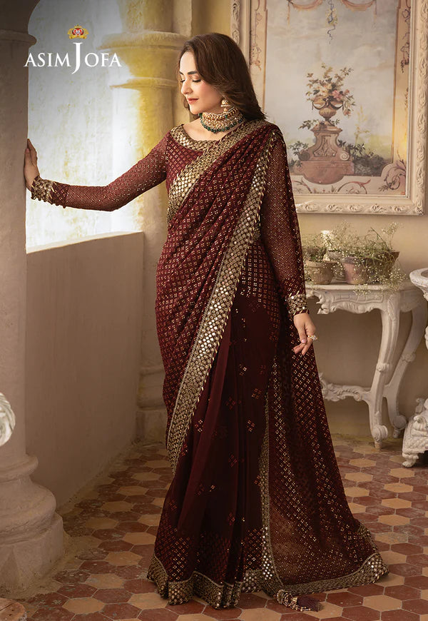 Asim Jofa Maroon Saree Collection Chiffon Replica