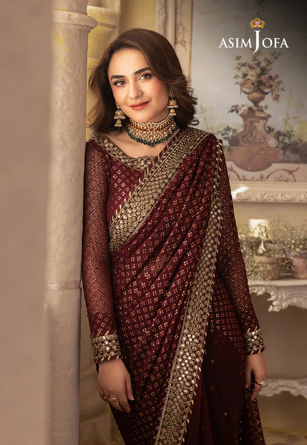 Asim Jofa Maroon Saree Collection Chiffon Replica