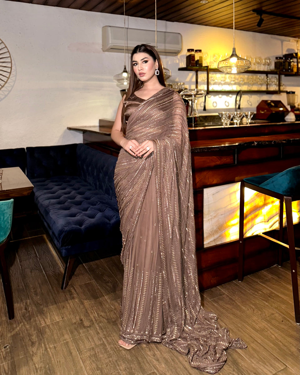 Shrenz Brown Saree Exclusive Collection Chiffon Replica