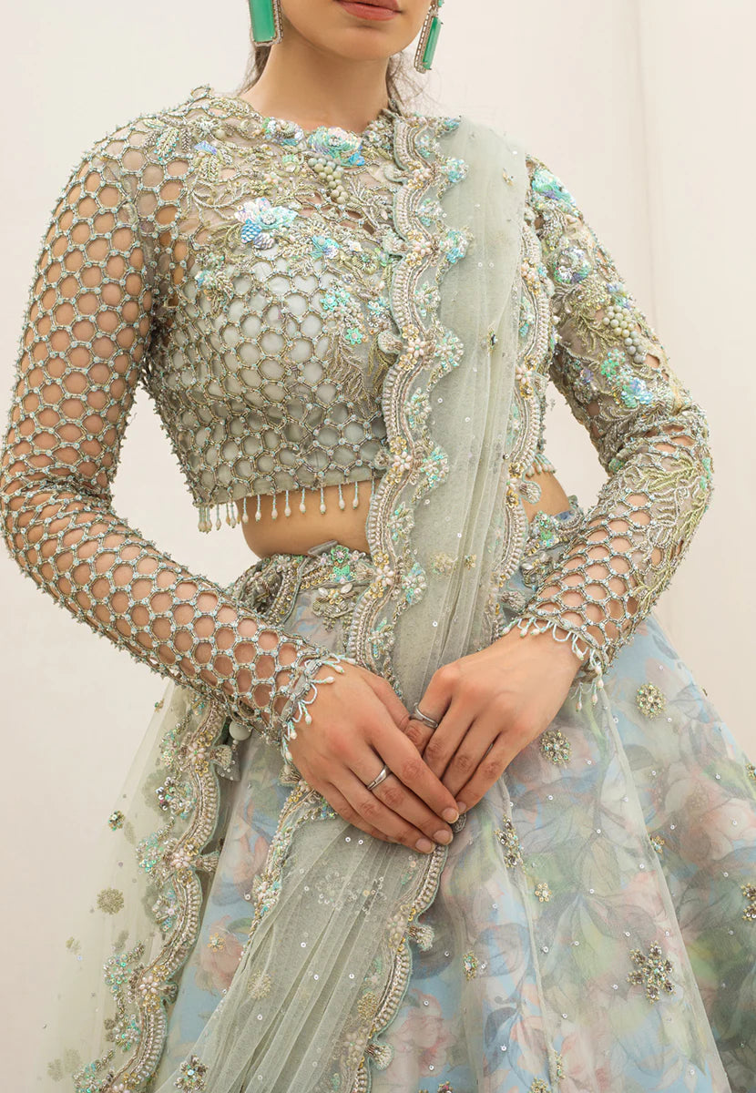 Qalamkar Seagreen Net Lehanga Bridal Collection Replica