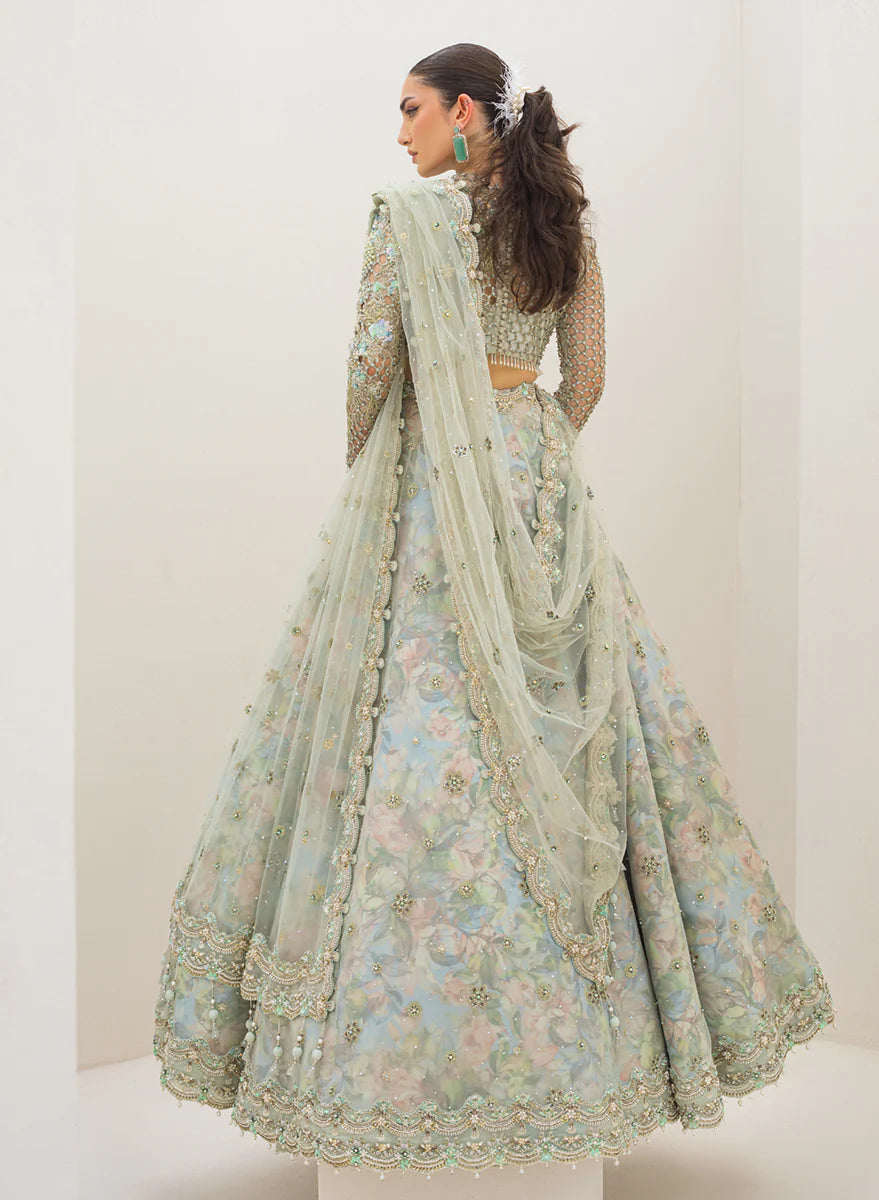 Qalamkar Seagreen Net Lehanga Bridal Collection Replica