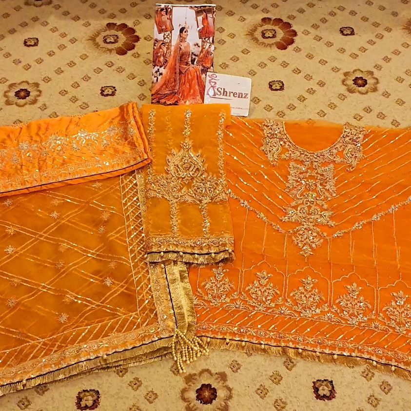 Nameera Orange Bridal Collection Net Gharara Replica