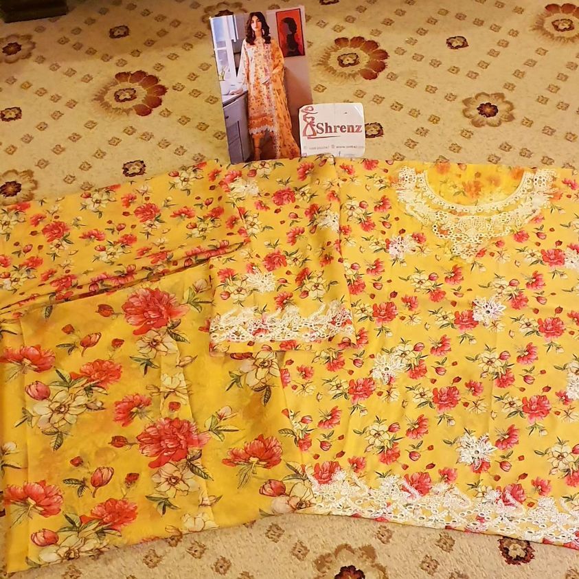 Afrozeh Yellow Printed Lawn Collection Replica