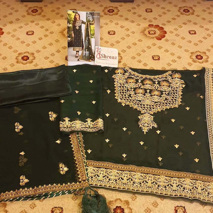 Asim Jofa Dark Green Chiffon Formal Collection Replica