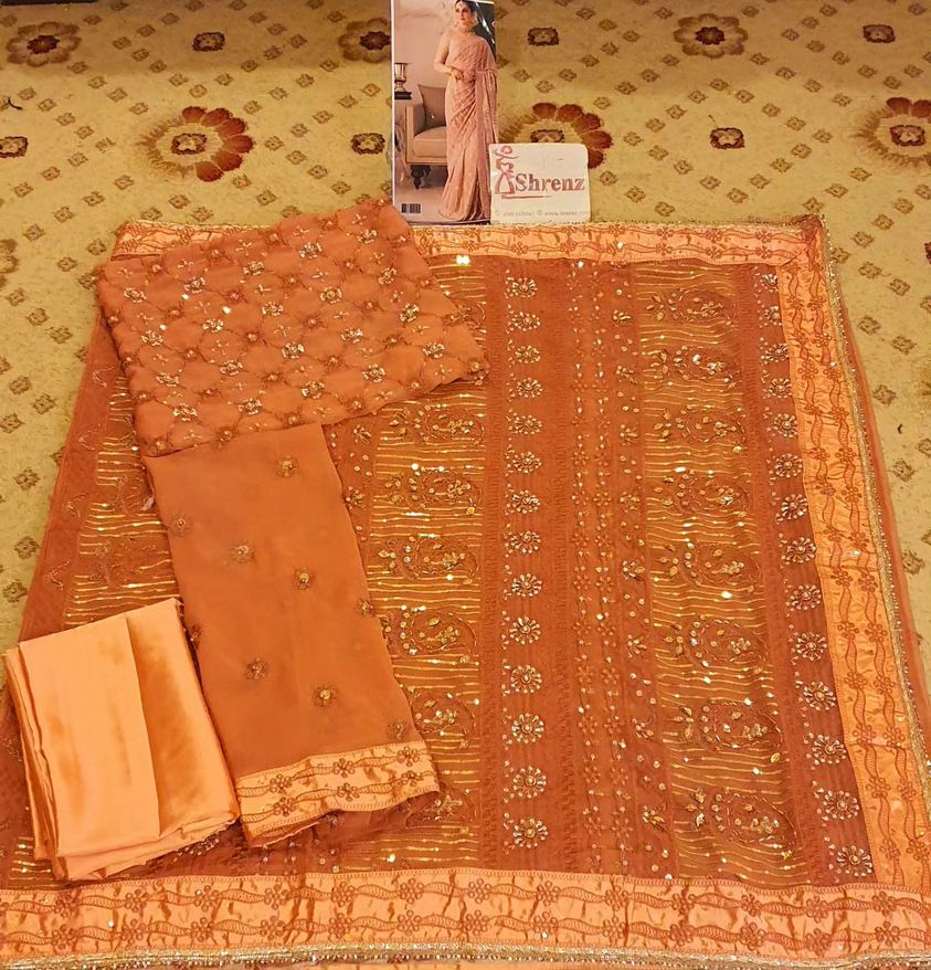 Asim Jofa Peach Chiffon Saree Collection Replica