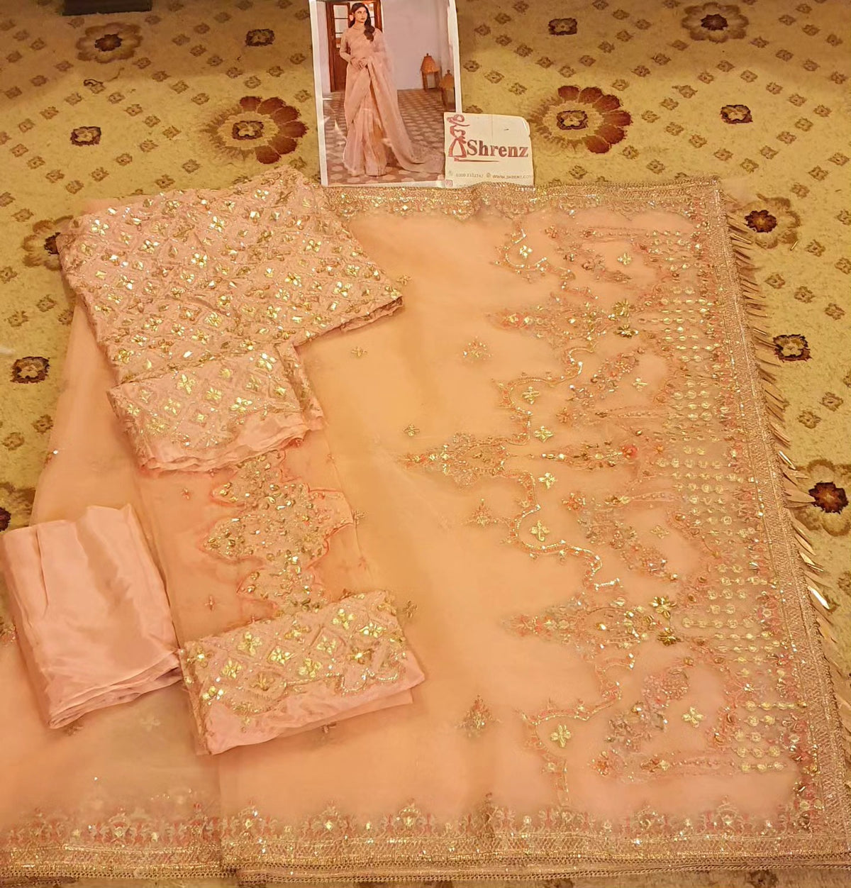 Qalamkar Peach Exclusive Organza Saree Replica