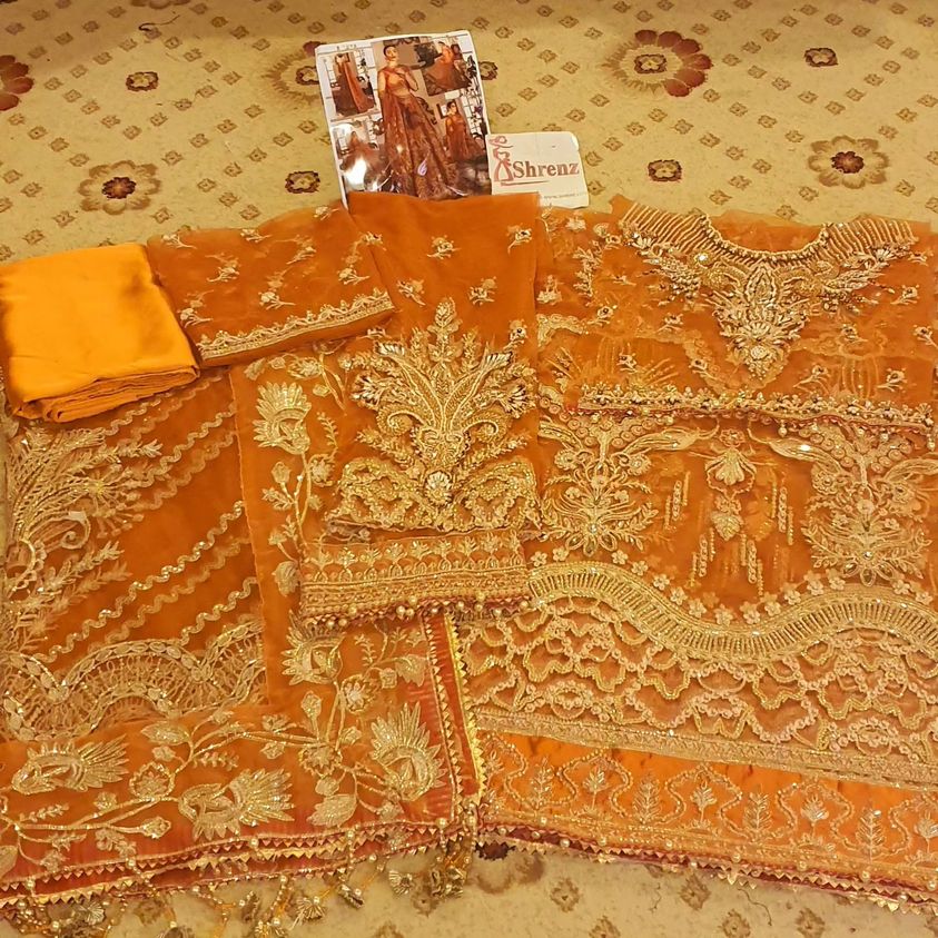 Afrozeh Orange Net Bridal Collection Replica