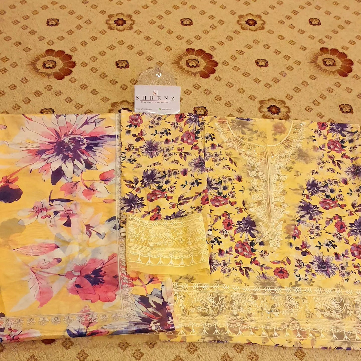 Afrozeh Yellow Printed Lawn Collection Replica