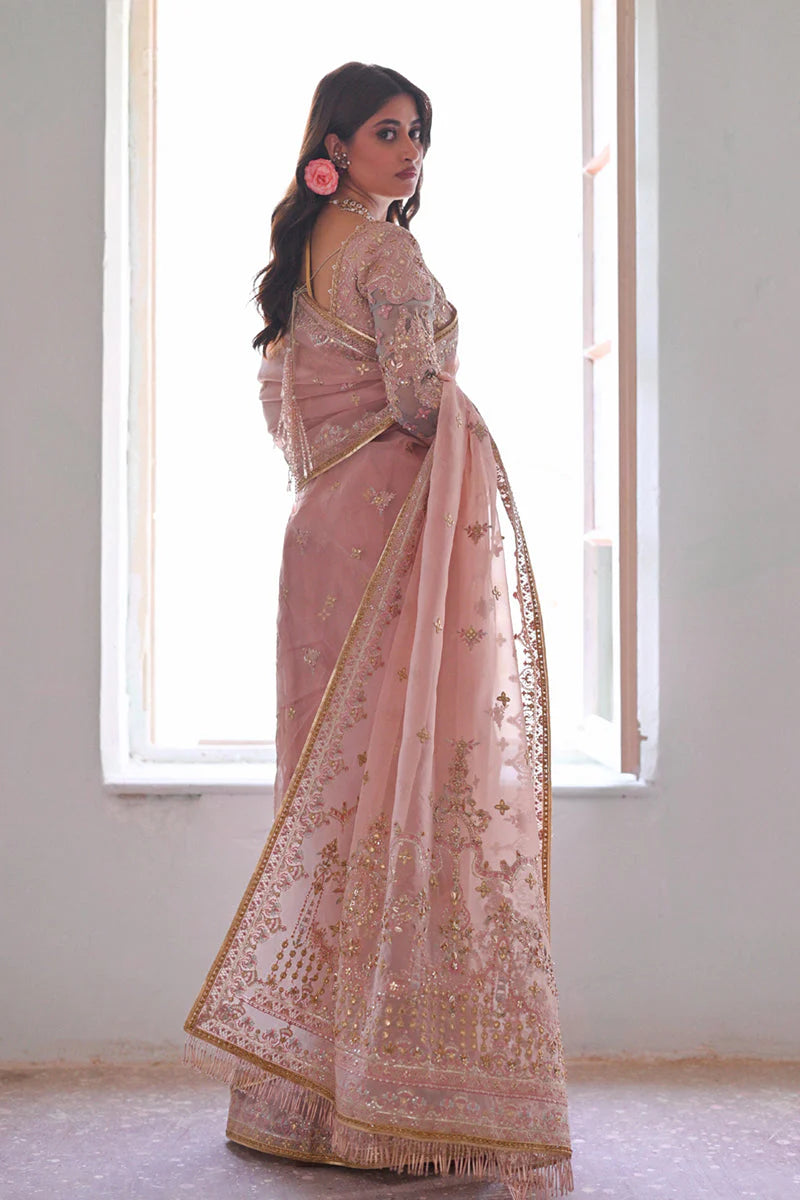 Qalamkar Peach Exclusive Organza Saree Replica