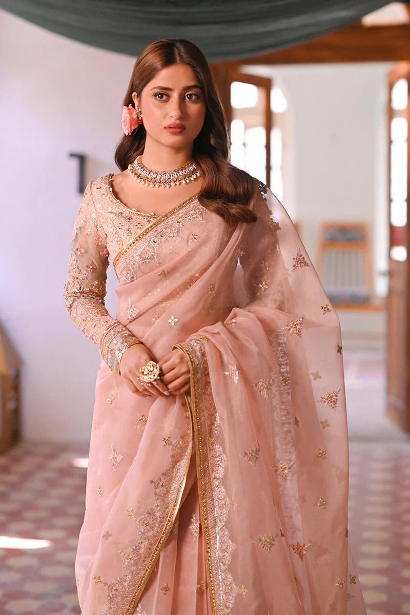 Qalamkar Peach Exclusive Organza Saree Replica