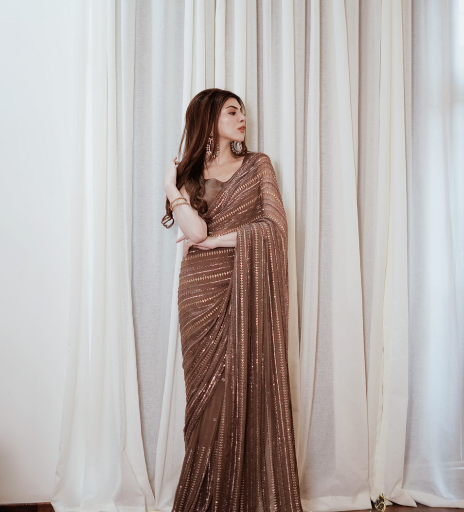 Shrenz Brown Saree Exclusive Collection Chiffon Replica