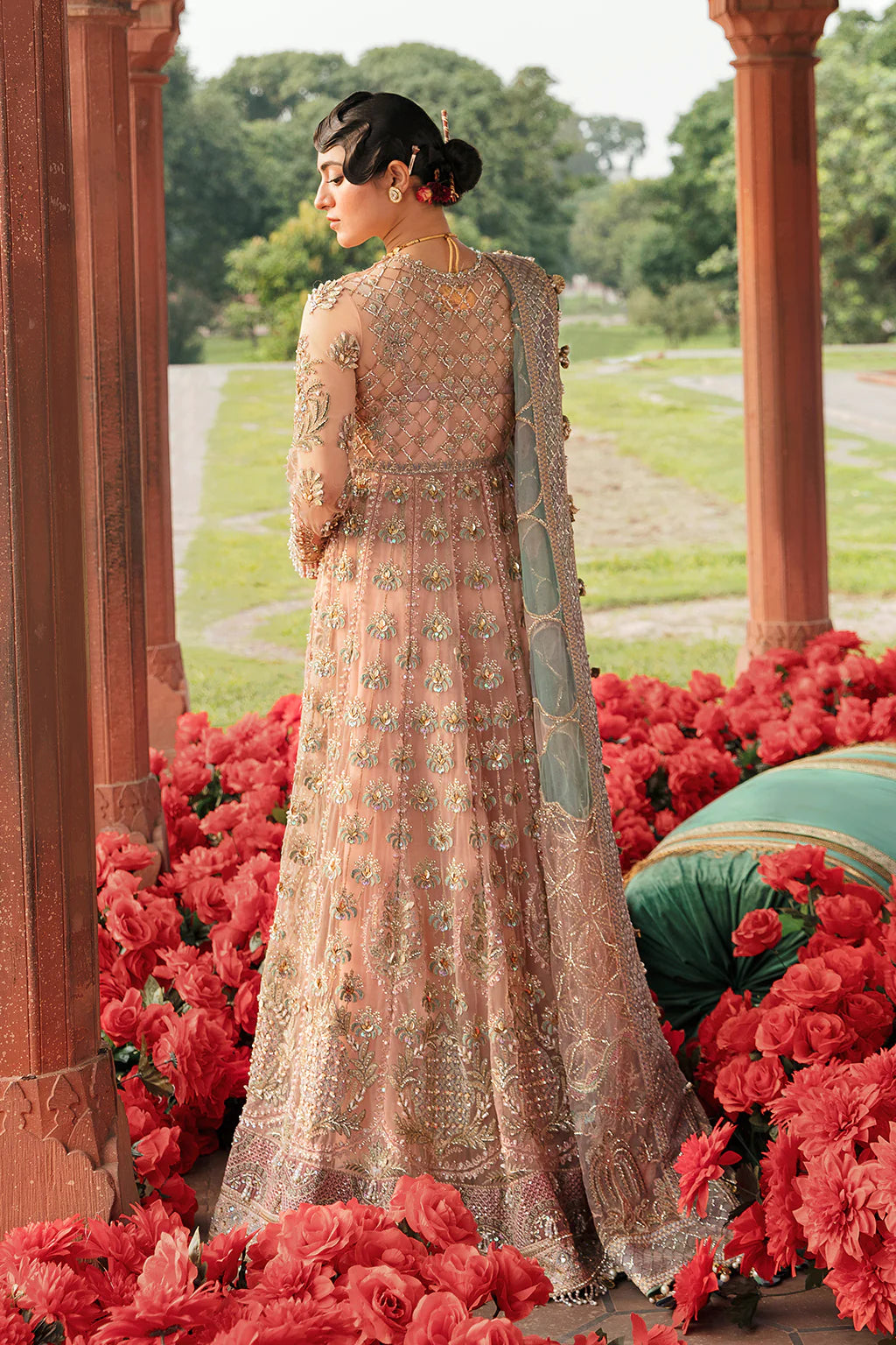 Afrozeh Peach Bridal Collection Net Replica