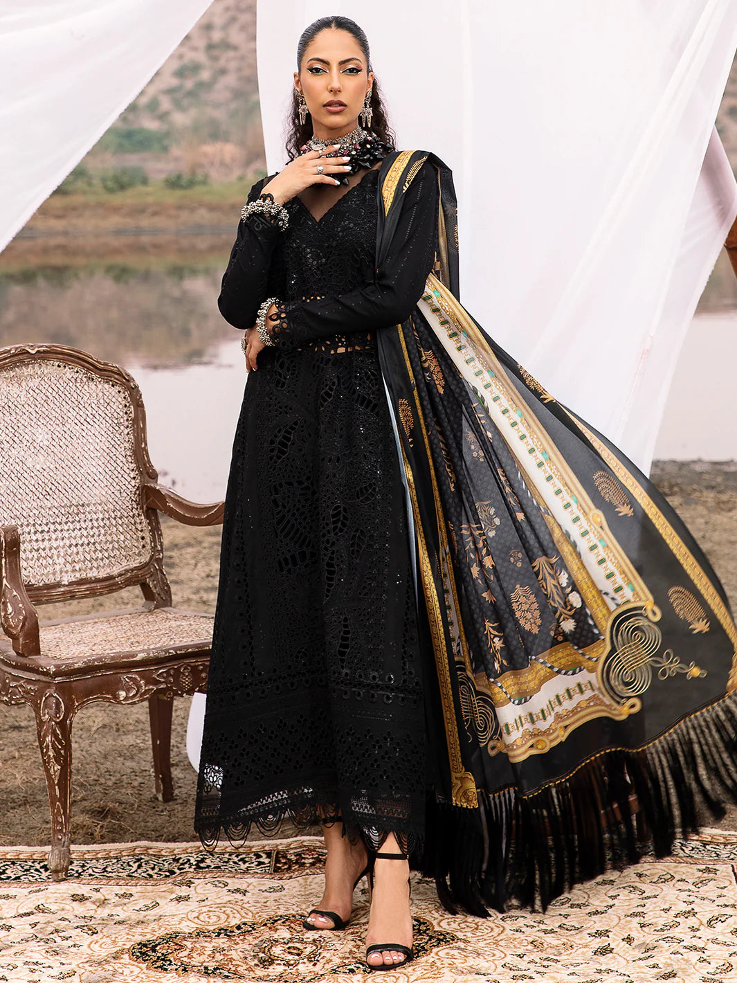 Bin Ilyas Mem Saab Black Luxury Lawn Collection Replica