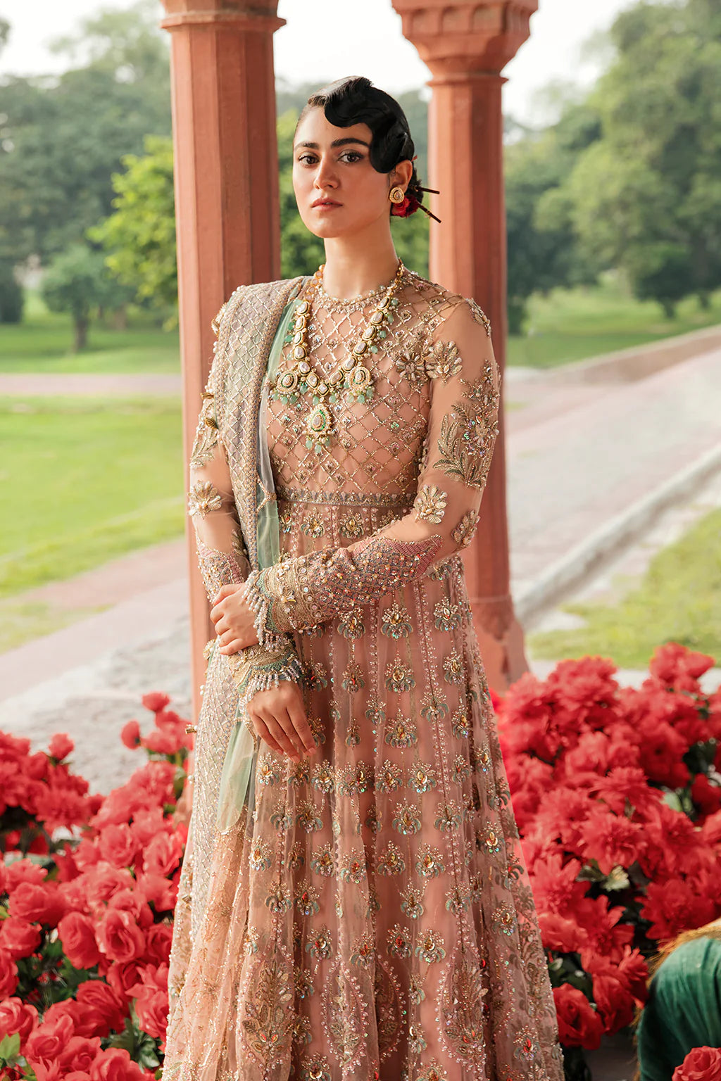 Afrozeh Peach Bridal Collection Net Replica