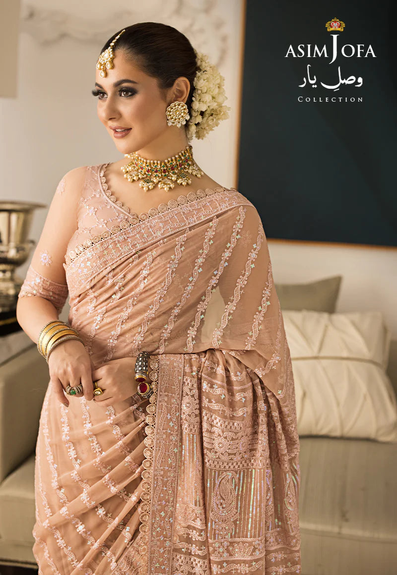 Asim Jofa Peach Chiffon Saree Collection Replica