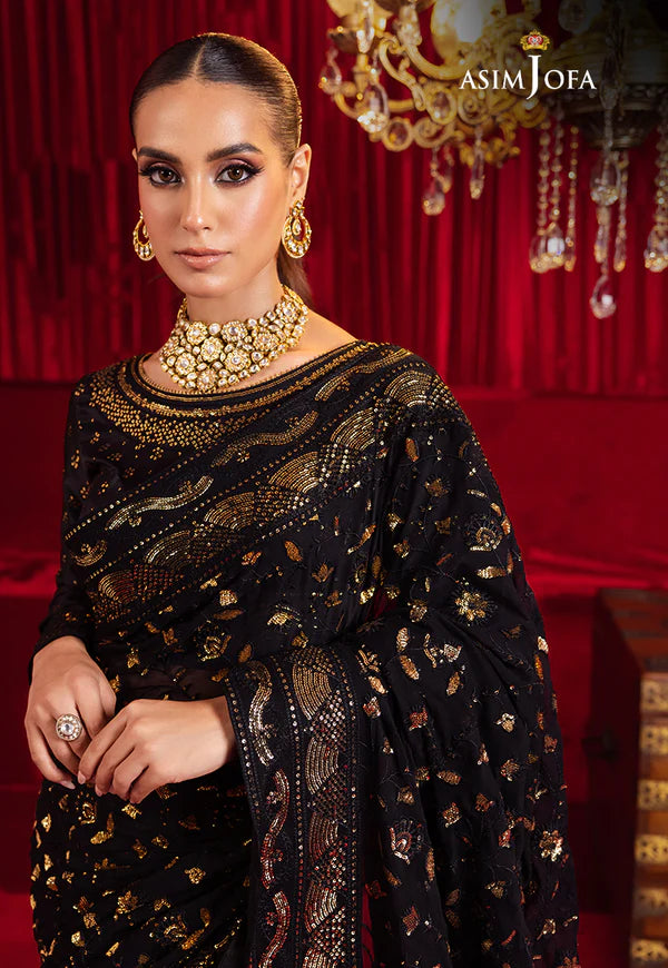 Asim Jofa Black Saree Collection Chiffon Replica