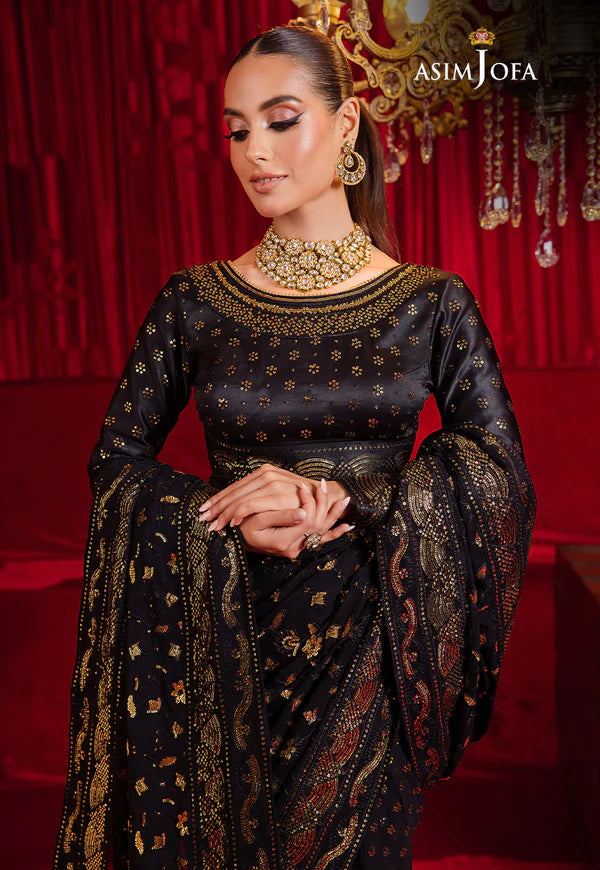 Asim Jofa Black Saree Collection Chiffon Replica