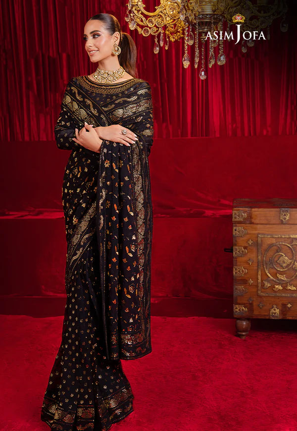 Asim Jofa Black Saree Collection Chiffon Replica