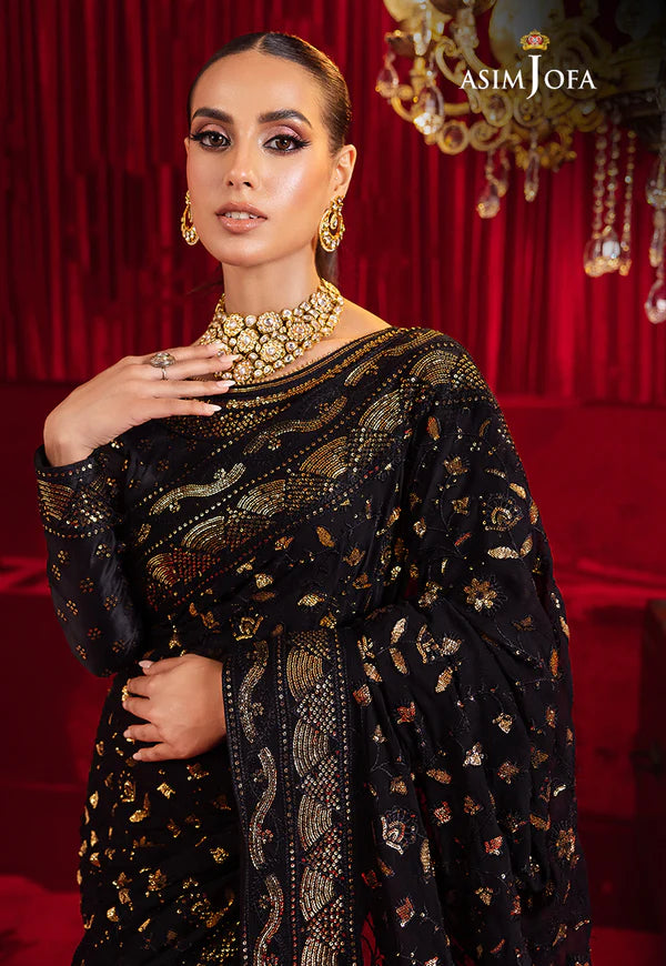 Asim Jofa Black Saree Collection Chiffon Replica