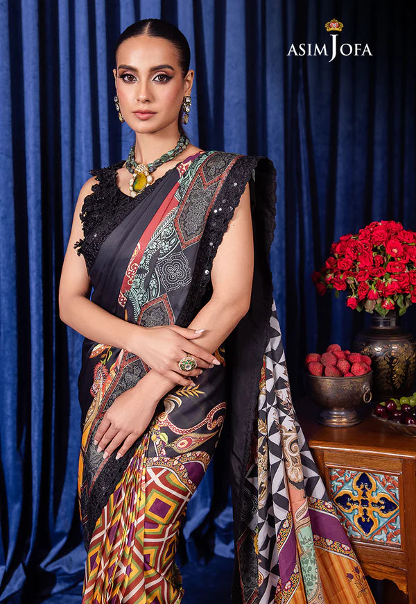 Asim Jofa Black Printed Silk Saree Collection Replica