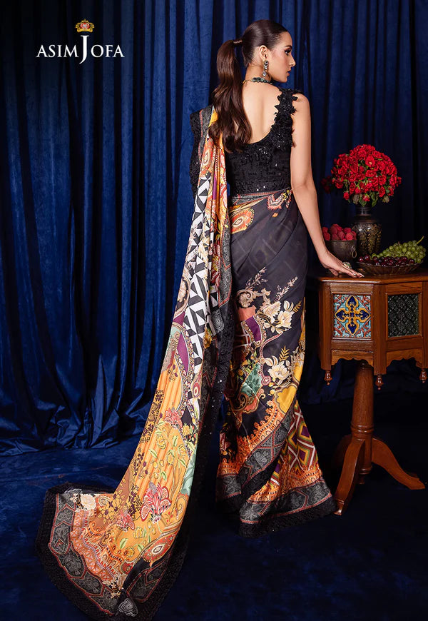 Asim Jofa Black Printed Silk Saree Collection Replica