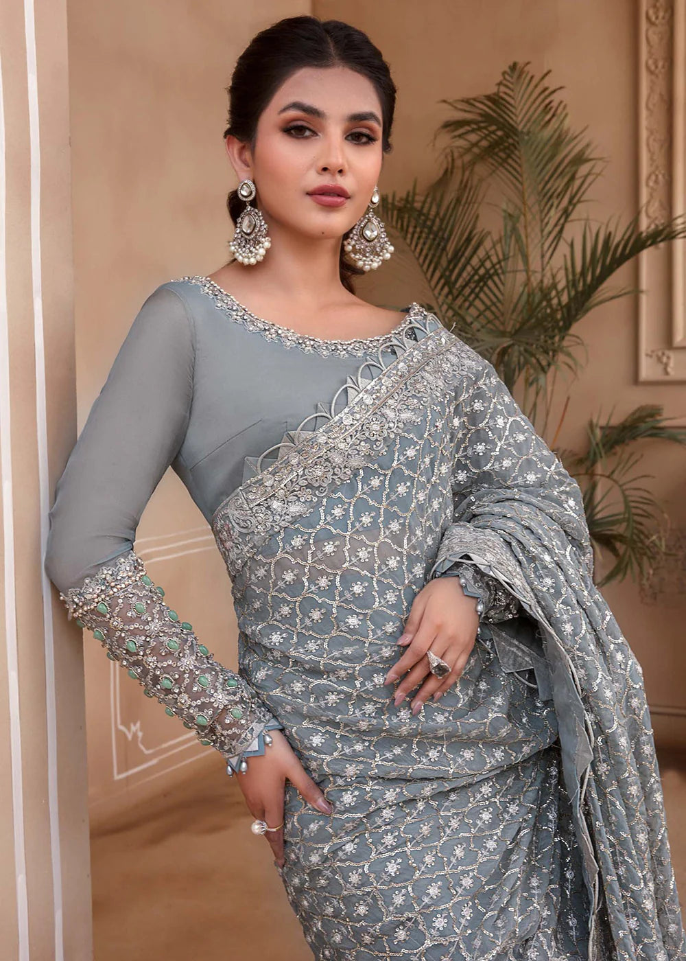 Maria B Grey Net Saree Collection Replica