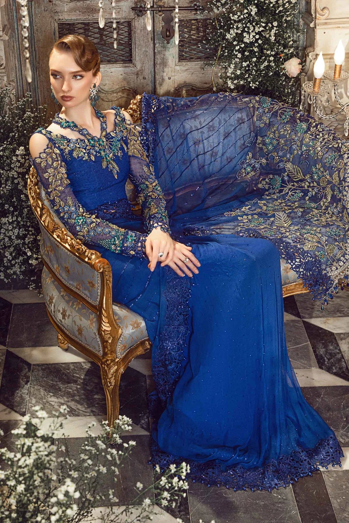 Maria B Blue Exclusive Chiffon Saree Replica