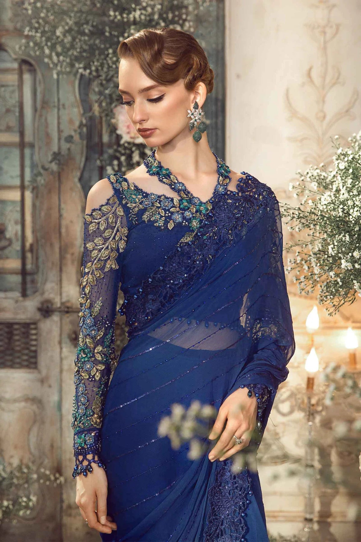 Maria B Blue Exclusive Chiffon Saree Replica