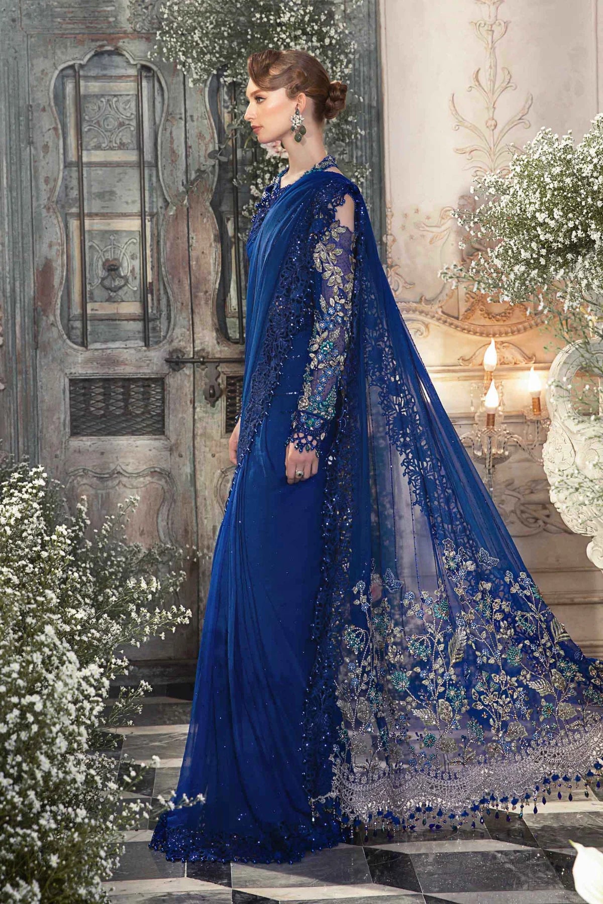 Maria B Blue Exclusive Chiffon Saree Replica