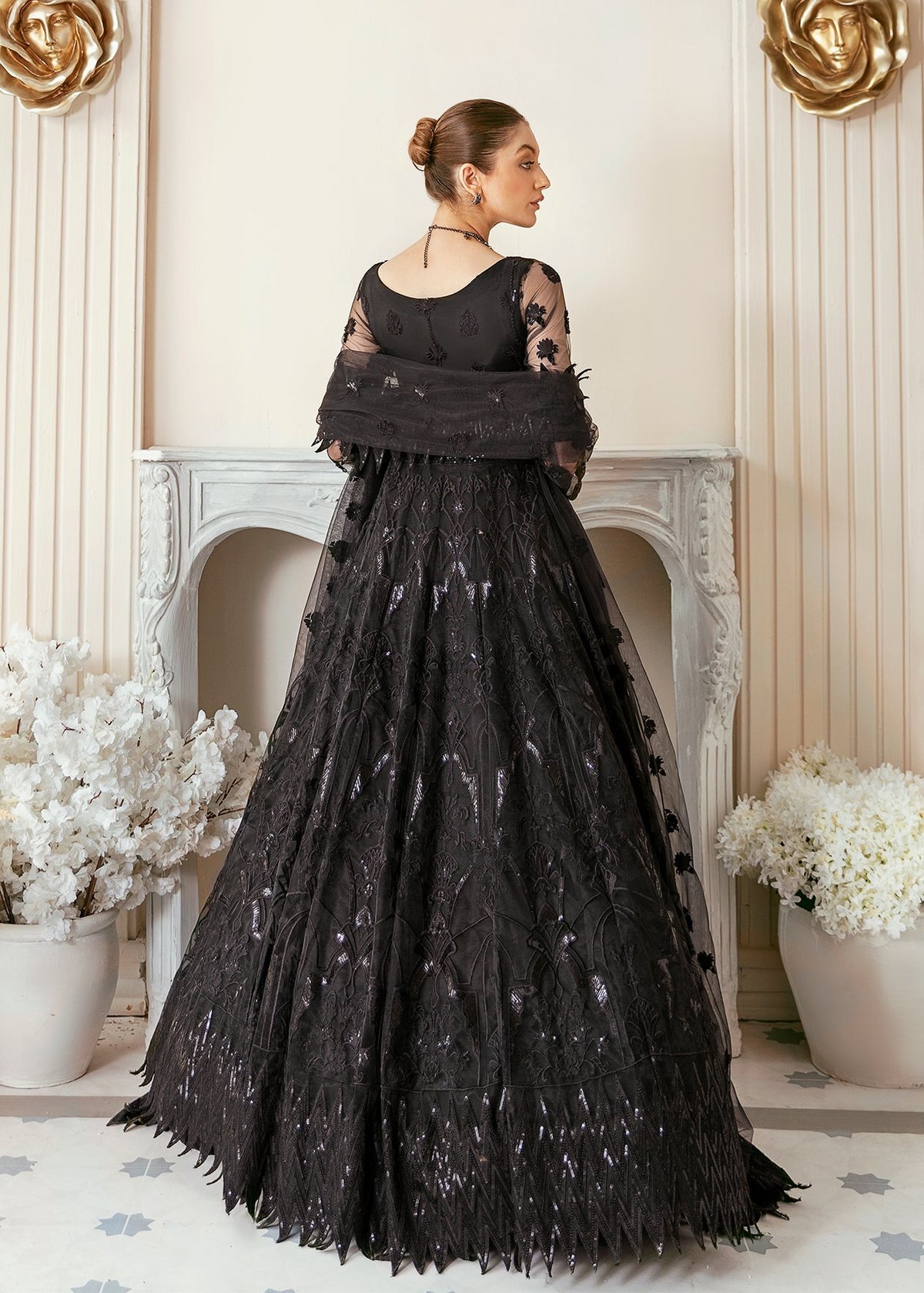 Akbar Aslam Black Bridal Collection Net Replica