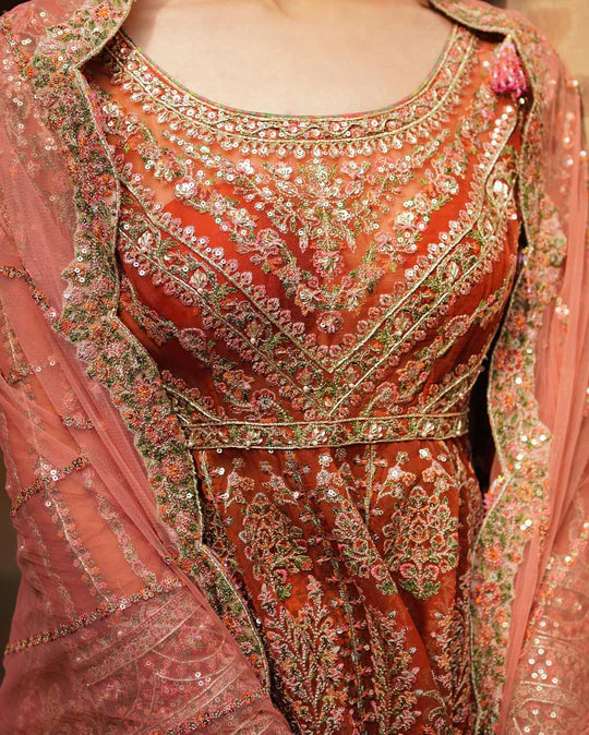 Hussain Rehar Orange Bridal Collection Organza Maxi Replica