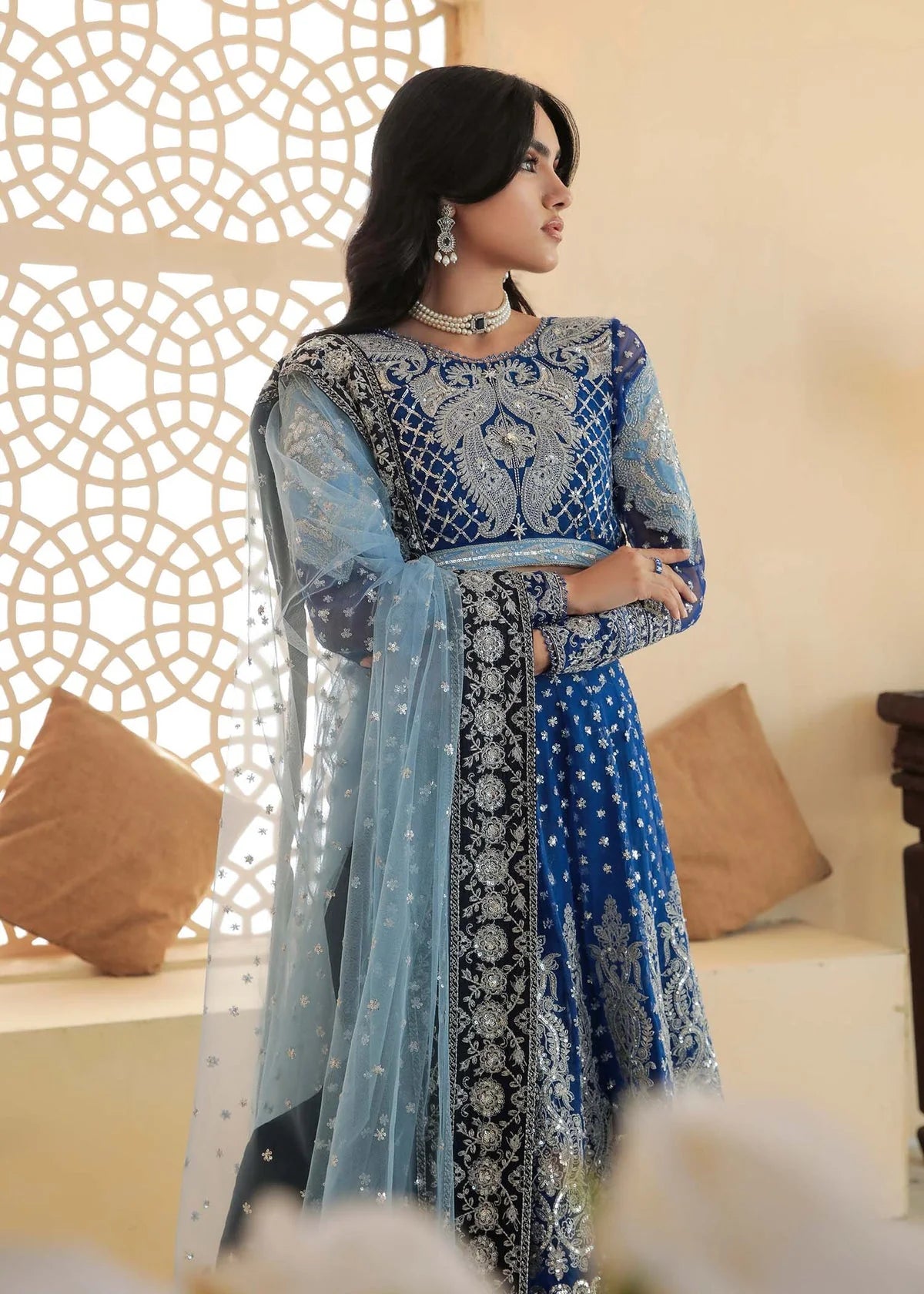 Anus Abrar Mor pankh Blue Bridal Collection Net Maxi Replica