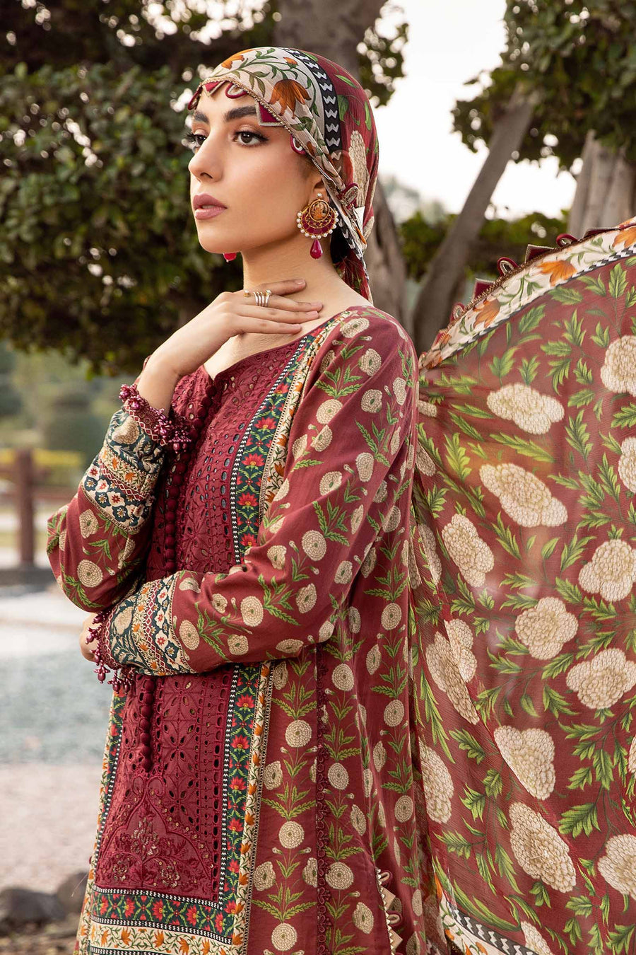 Maria B Maroon MPrint Lawn Collection Replica