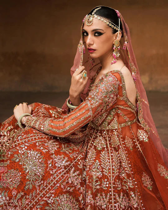 Hussain Rehar Orange Bridal Collection Organza Maxi Replica