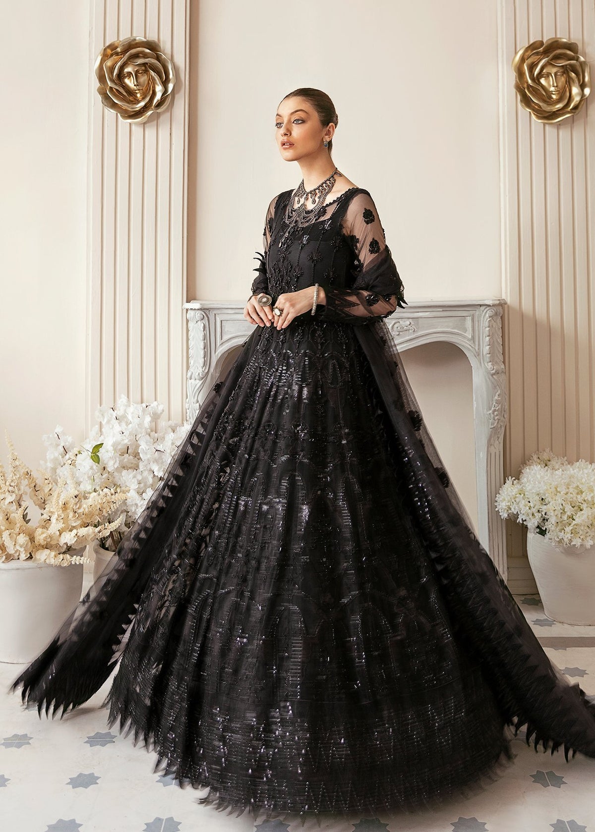 Akbar Aslam Black Bridal Collection Net Replica