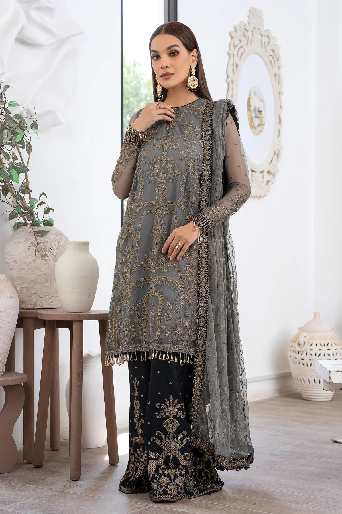 Zarif Grey Formal Wear Net Maxi Replica