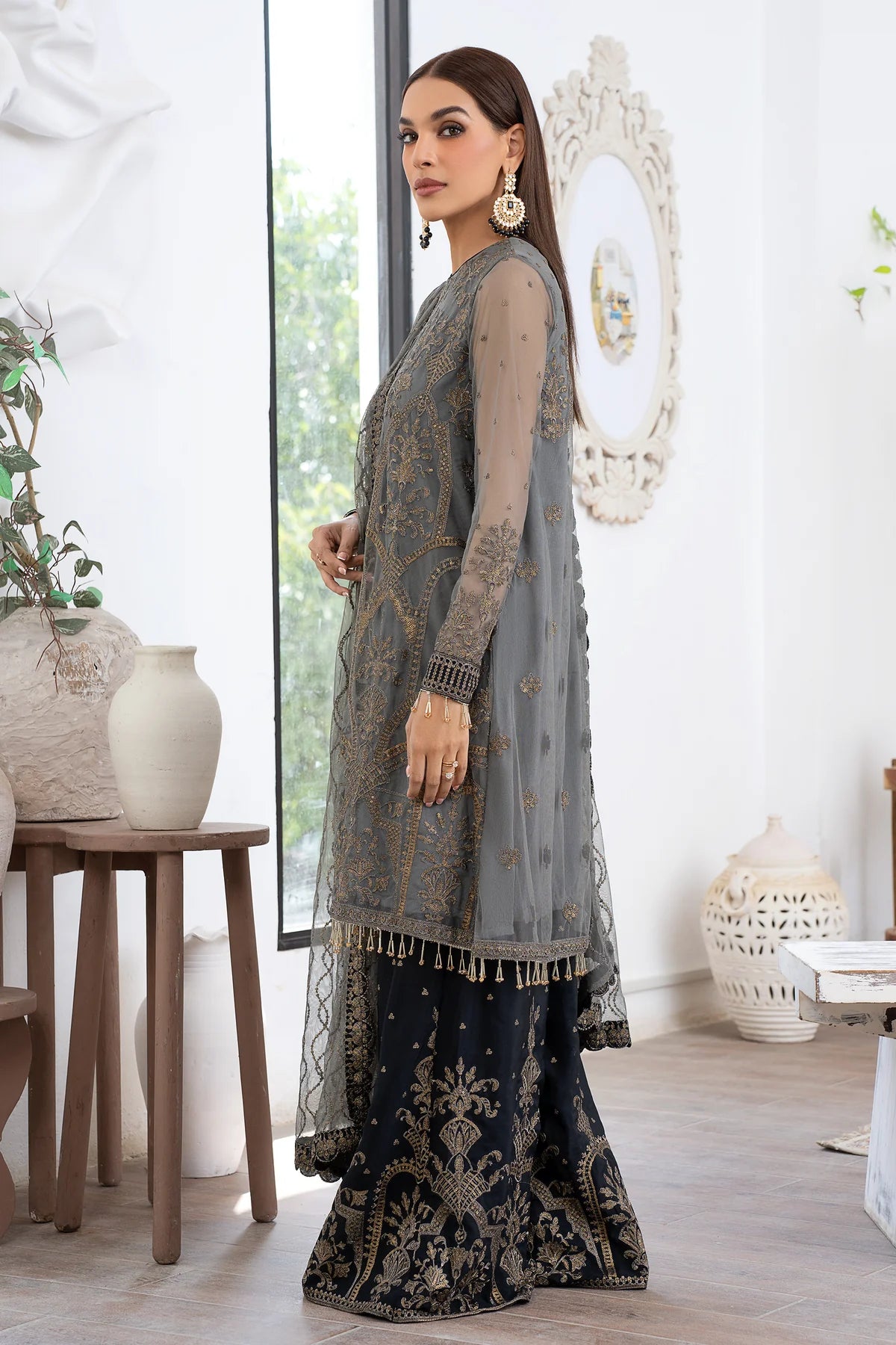 Zarif Grey Formal Wear Net Maxi Replica