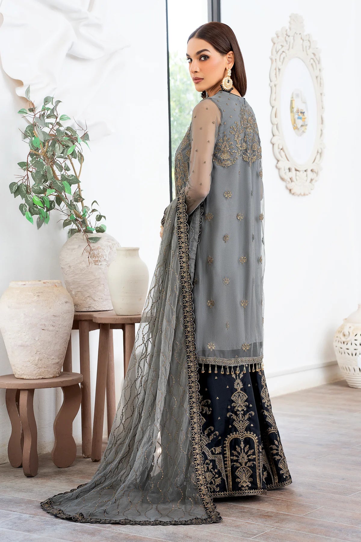 Zarif Grey Formal Wear Net Maxi Replica