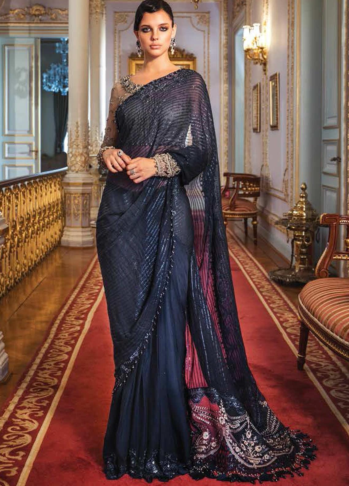 Maria B Blue Exclusive Chiffon Saree Replica