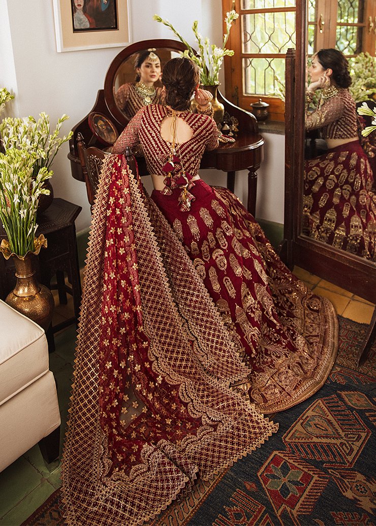 Afrozeh Maroon Exclusive Bridal Collection Net Replica