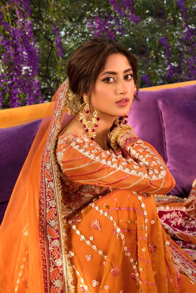 Qalamkar Orange Bridal Collection Net Replica