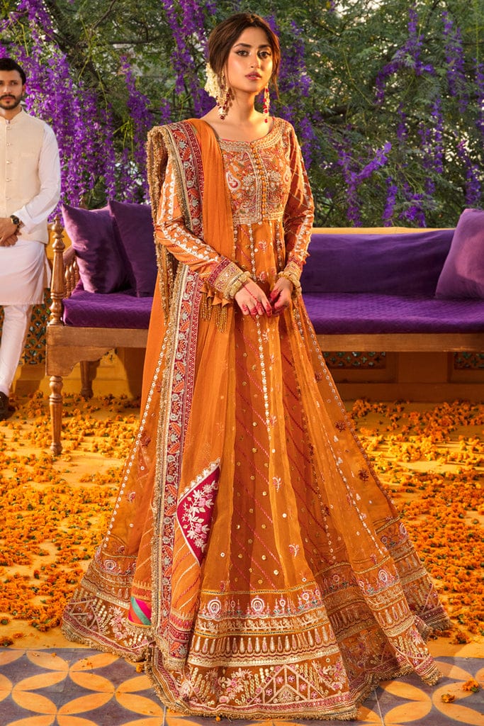 Qalamkar Orange Bridal Collection Net Replica