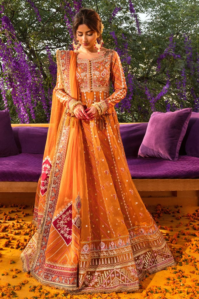 Qalamkar Orange Bridal Collection Net Replica