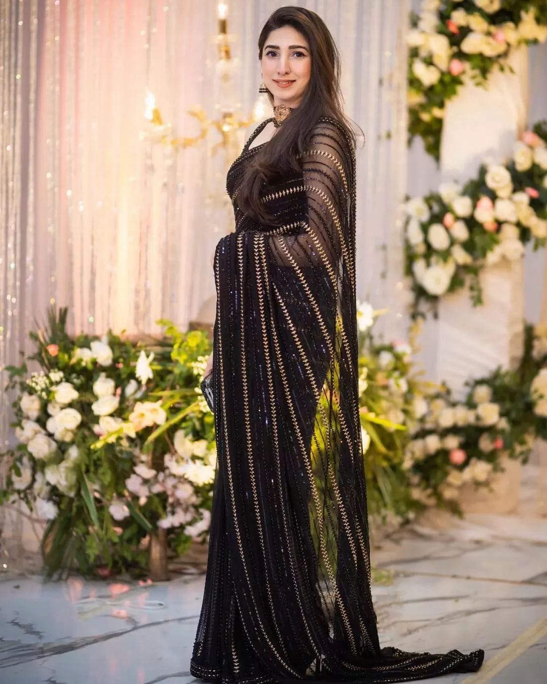 Maryam Nafees Black Chiffon Saree Replica