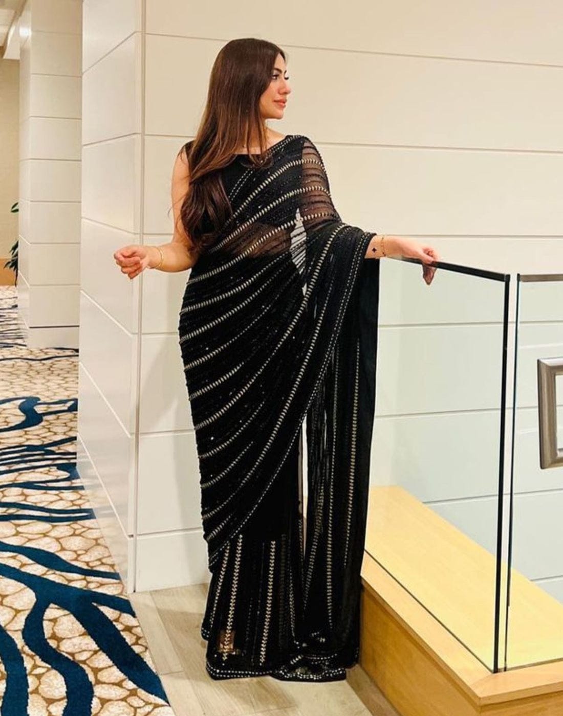 Maryam Nafees Black Chiffon Saree Replica