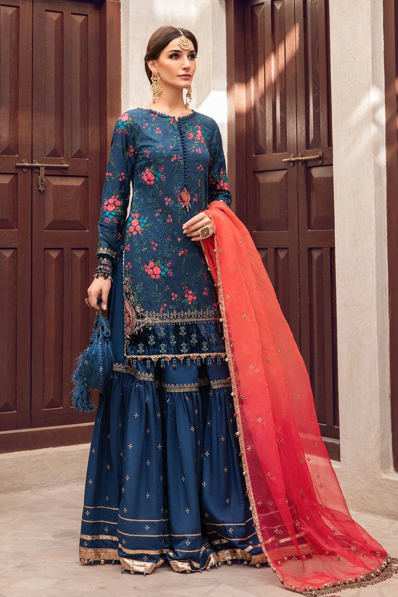 Maria B Blue Cotton Silk Exclusive Gharara Replica