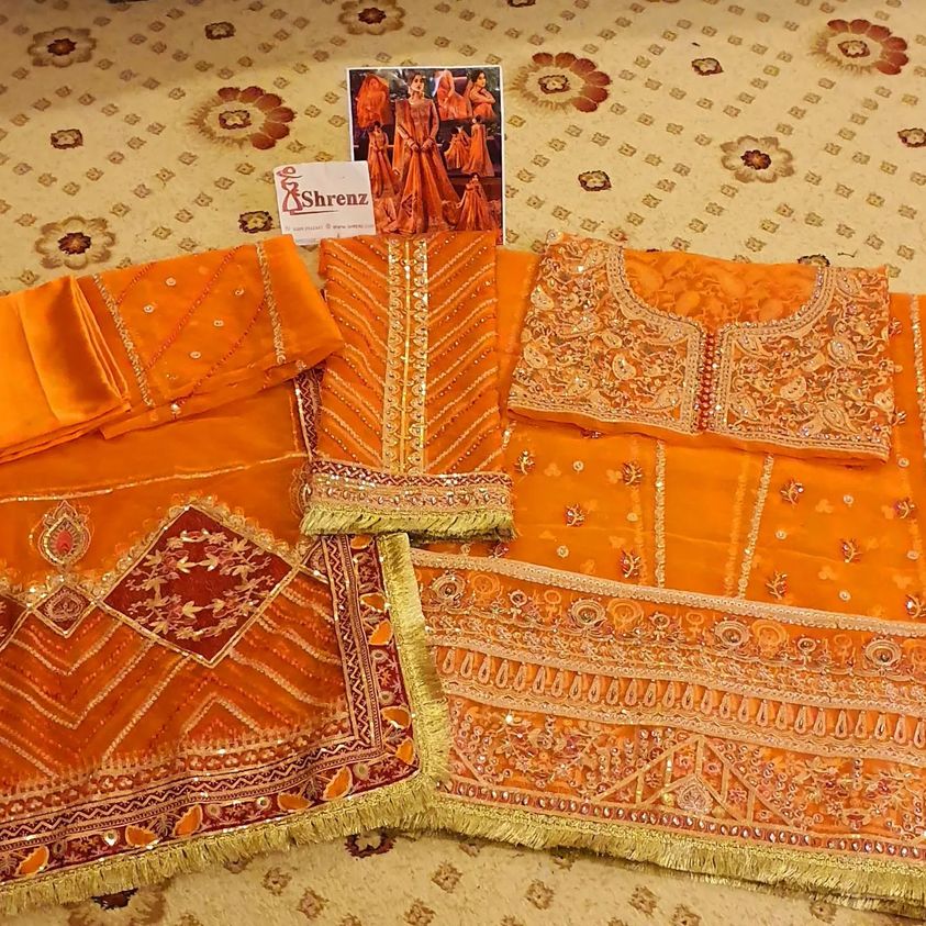 Qalamkar Orange Bridal Collection Net Replica