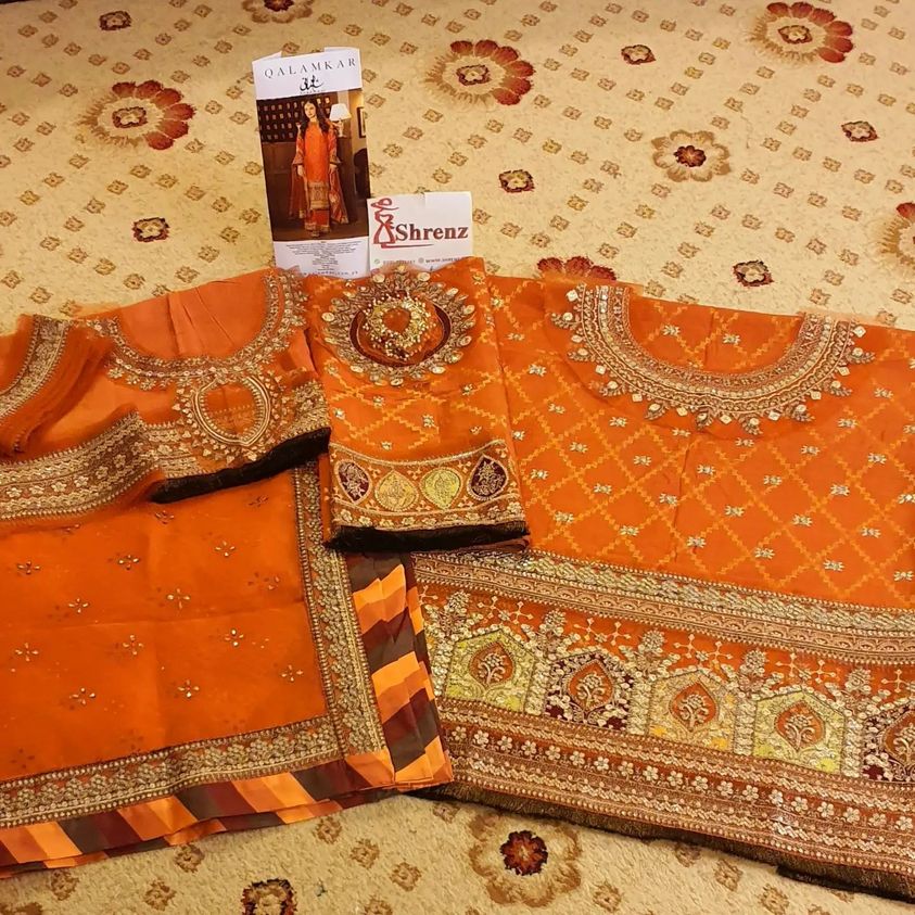 Qalamkar Orange Exclusive Cotton Jacquard Replica